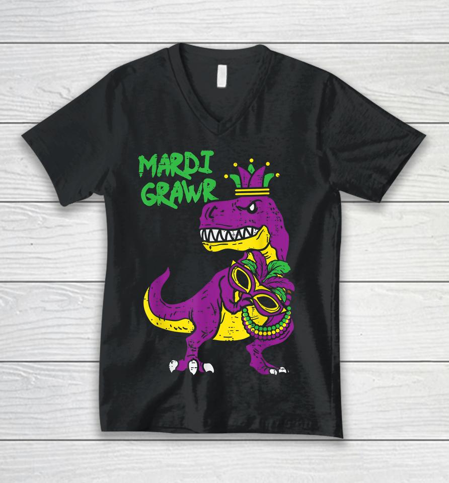 Mardi Grawr T-Rex Dino Kids Unisex V-Neck T-Shirt