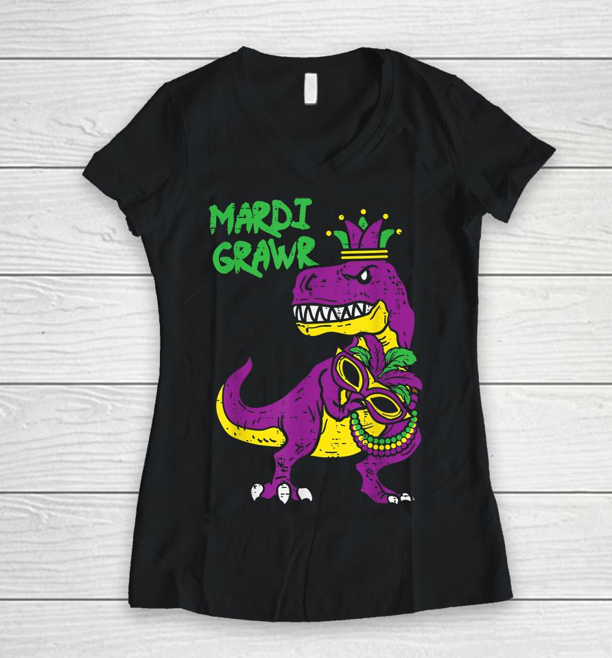 Mardi Grawr T-Rex Dino Kids Women V-Neck T-Shirt