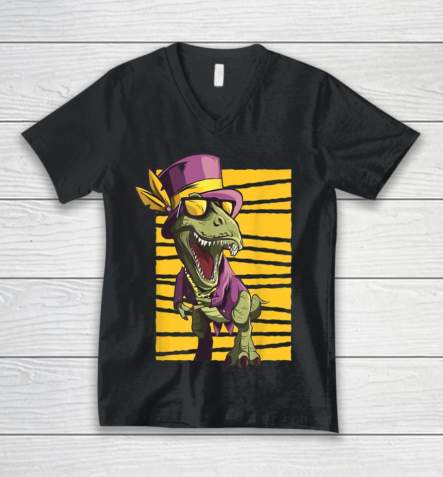 Mardi Grawr T-Rex Dinosaur Dino Boy Mardi Gras Unisex V-Neck T-Shirt