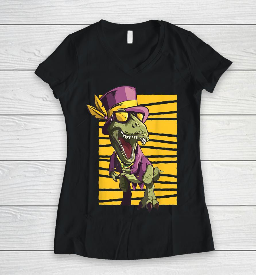 Mardi Grawr T-Rex Dinosaur Dino Boy Mardi Gras Women V-Neck T-Shirt