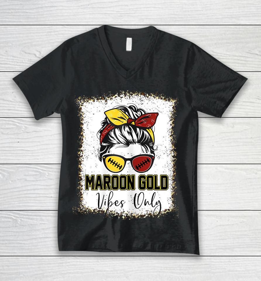 Maroon And Gold Vibes Only High School Football Game Day Unisex V-Neck T-Shirt