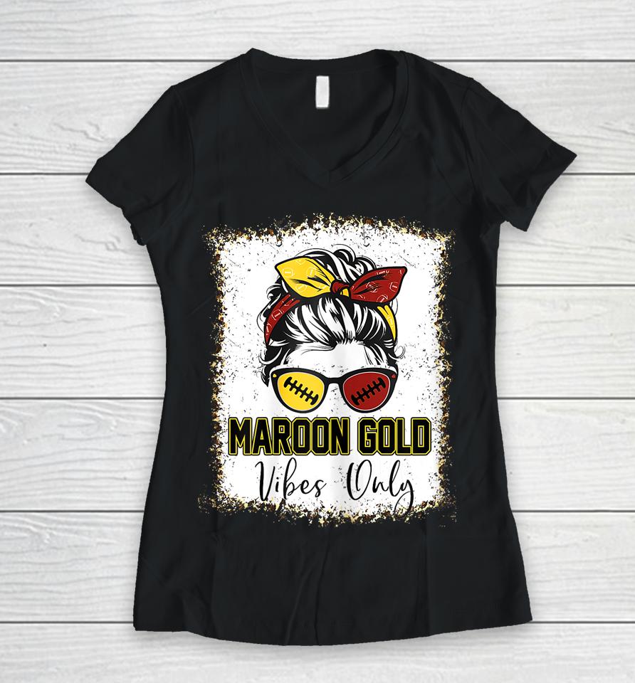 Maroon And Gold Vibes Only High School Football Game Day Women V-Neck T-Shirt