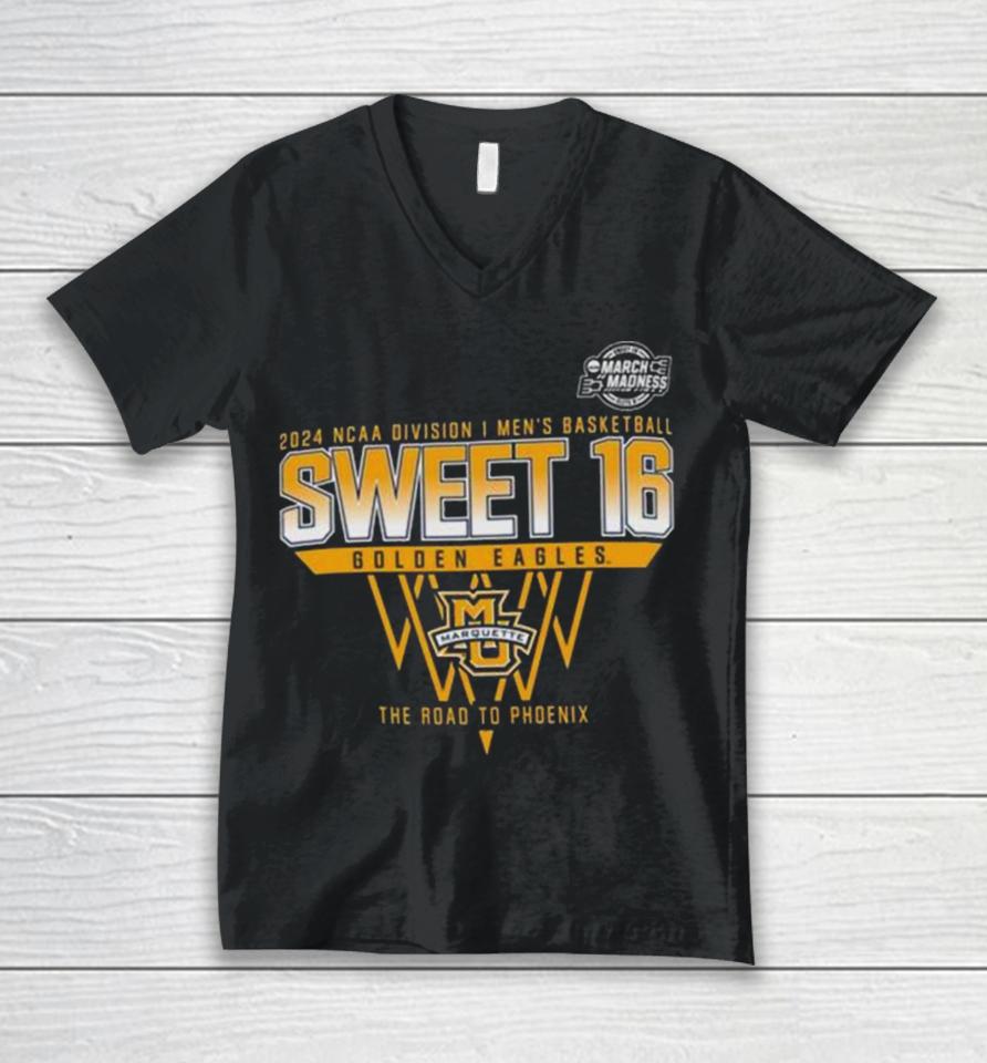 Marquette Golden Eagles 2024 Ncaa Division I Men’s Basketball Sweet 16 The Road To Phoenix Unisex V-Neck T-Shirt