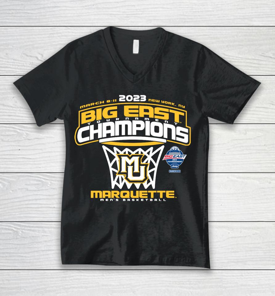 Marquette Golden Eagles Blue 84 2023 Big East Men's Basketball Conference Tournament Champions Unisex V-Neck T-Shirt