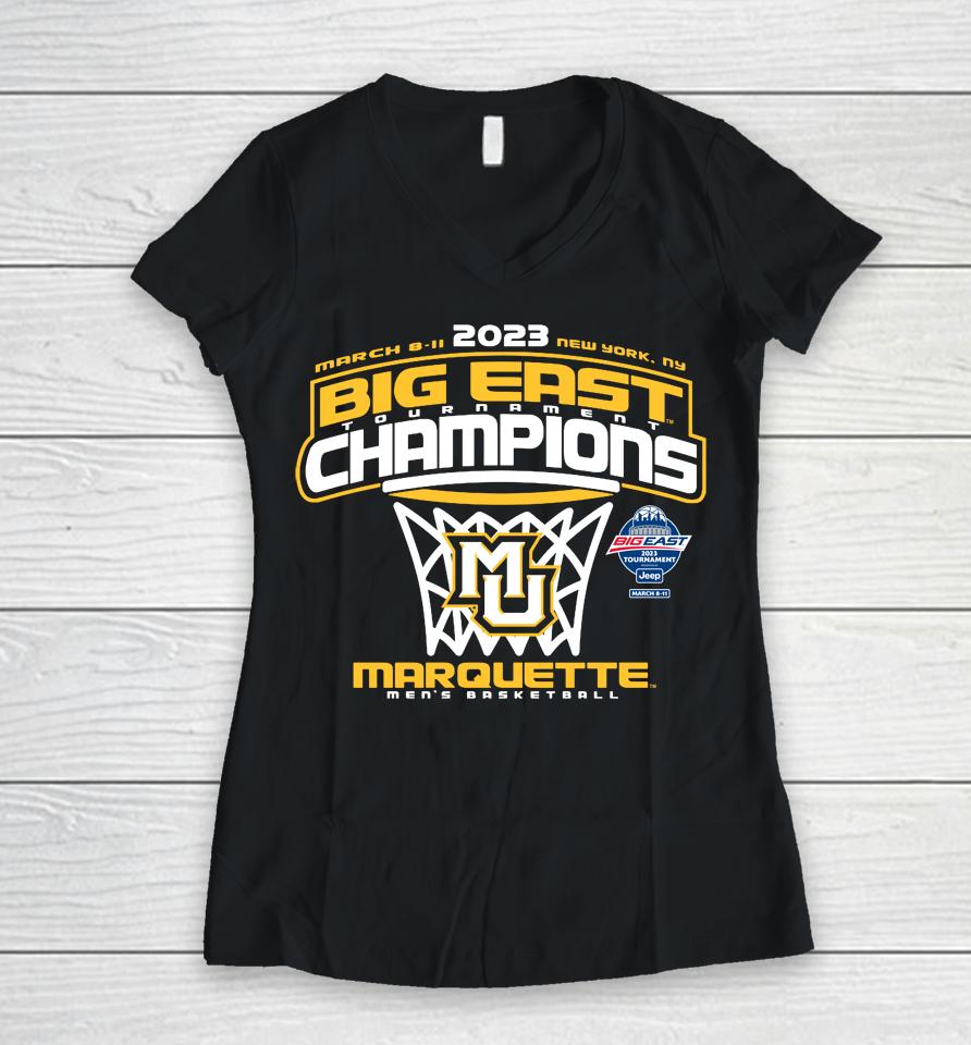 Marquette Golden Eagles Blue 84 2023 Big East Men's Basketball Conference Tournament Champions Women V-Neck T-Shirt