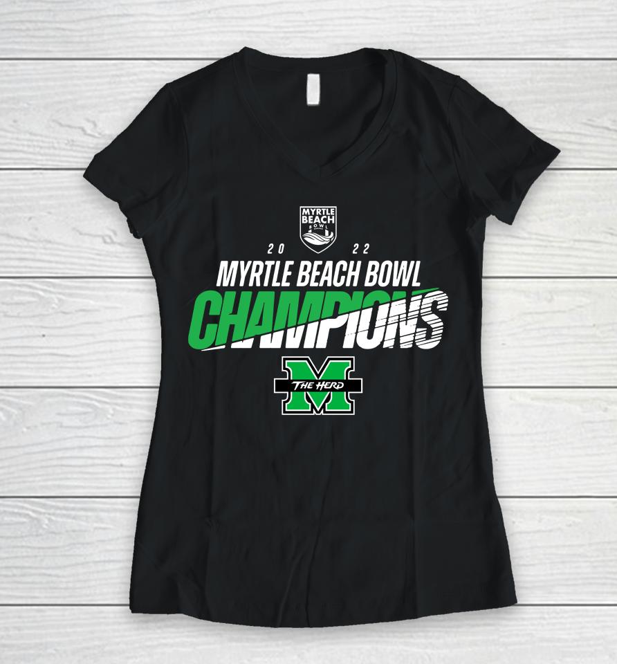 Marshall Champion 2022 Myrtle Beach Bowl Black Women V-Neck T-Shirt