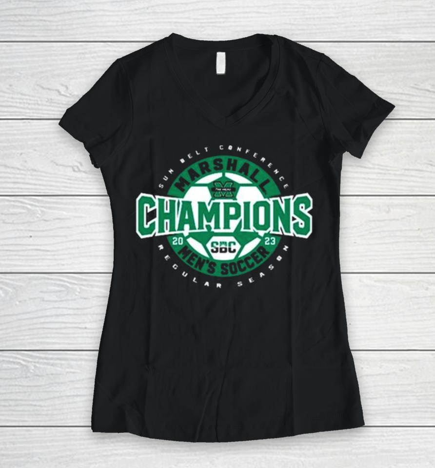 Marshall Thundering Herd Sun Belt Conference Regular Season 2023 Men’s Soccer Champions Women V-Neck T-Shirt