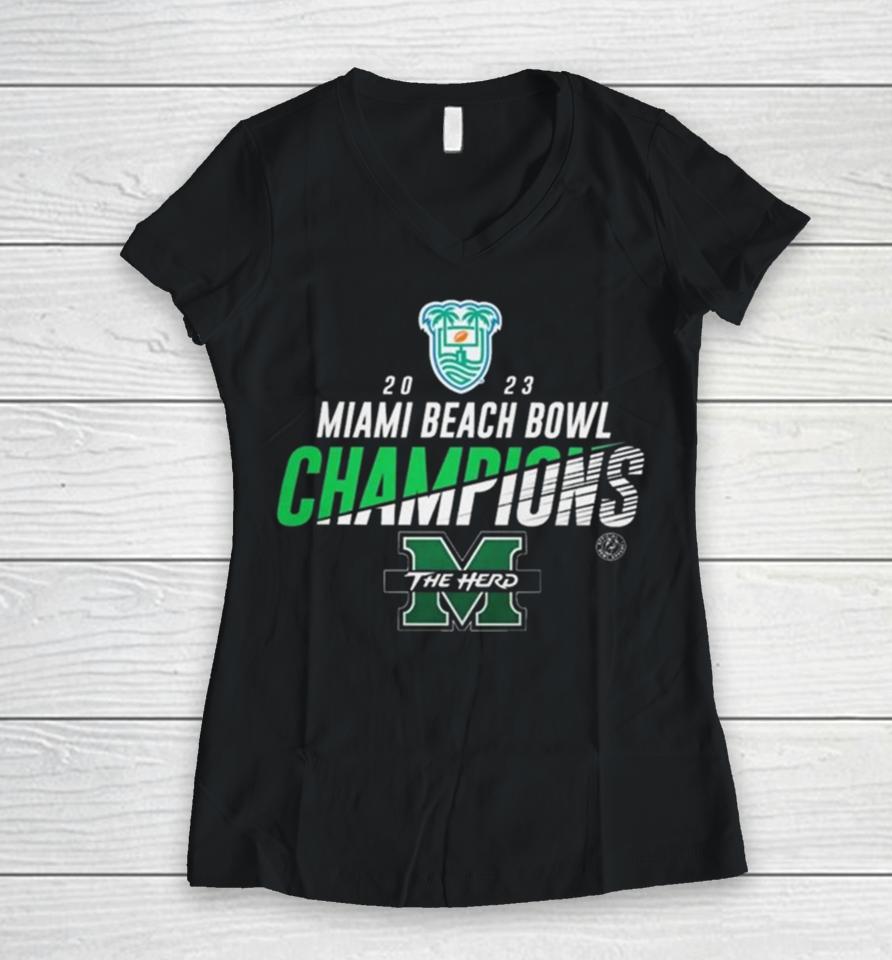 Marshall University 2023 Miami Beach Bowl Champions Marshall Thundering Herd Women V-Neck T-Shirt