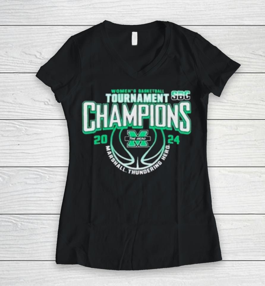 Marshall University Women’s Basketball 2024 Sun Belt Conference Tournament Champions Women V-Neck T-Shirt