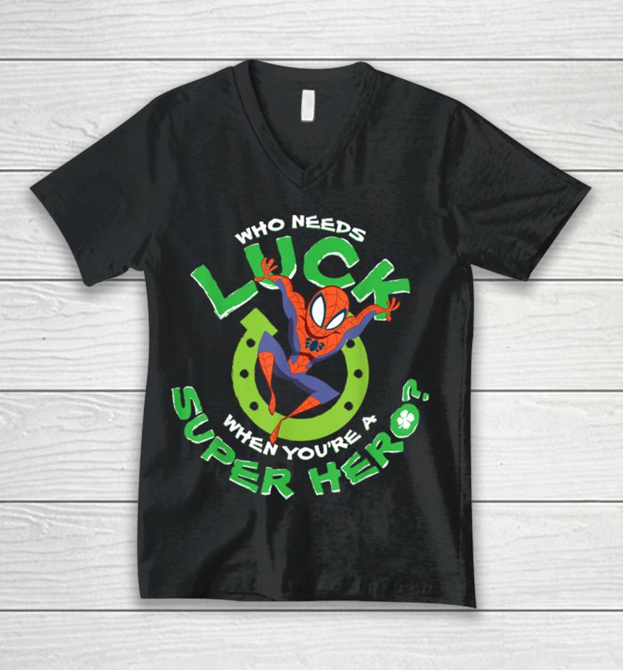 Marvel Spider Man Who Needs Luck St Patrick’s Day Unisex V-Neck T-Shirt