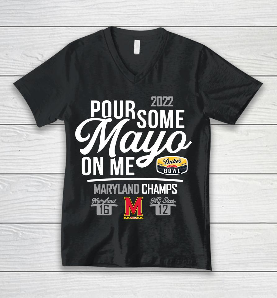 Maryland 2022 Duke's Mayo Bowl Champions Score Unisex V-Neck T-Shirt