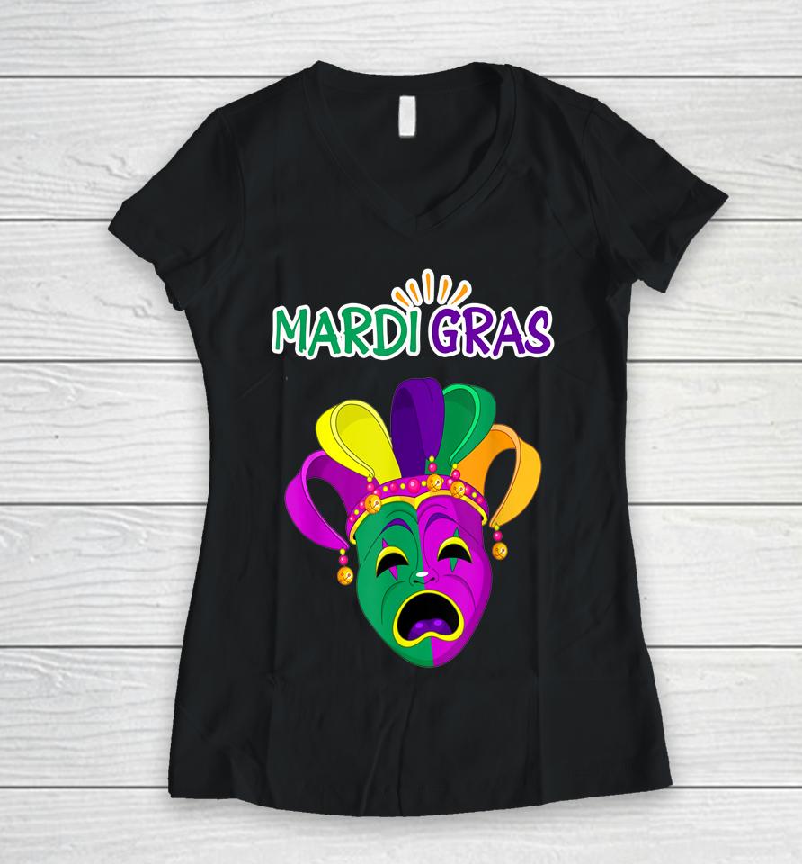 Mask And Face Mask Funny Mardi Gras Women V-Neck T-Shirt