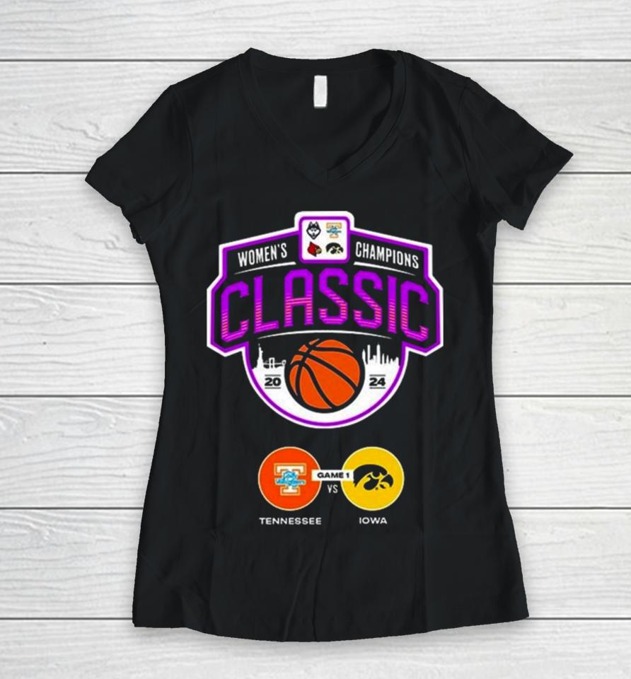 Matchup Tennessee Volunteers Versus Iowa Hawkeyes Women Champions Classic Ncaa March Madness 2024 Women V-Neck T-Shirt