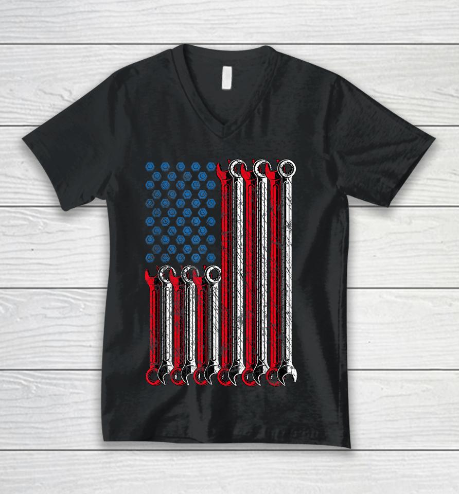 Mechanic Flag American Patriotic Flag Car Mechanic Usa Flag Unisex V-Neck T-Shirt
