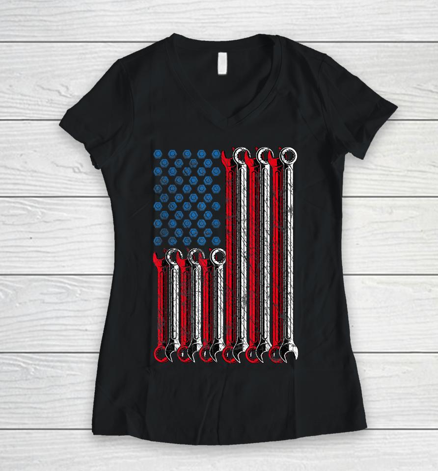 Mechanic Flag American Patriotic Flag Car Mechanic Usa Flag Women V-Neck T-Shirt
