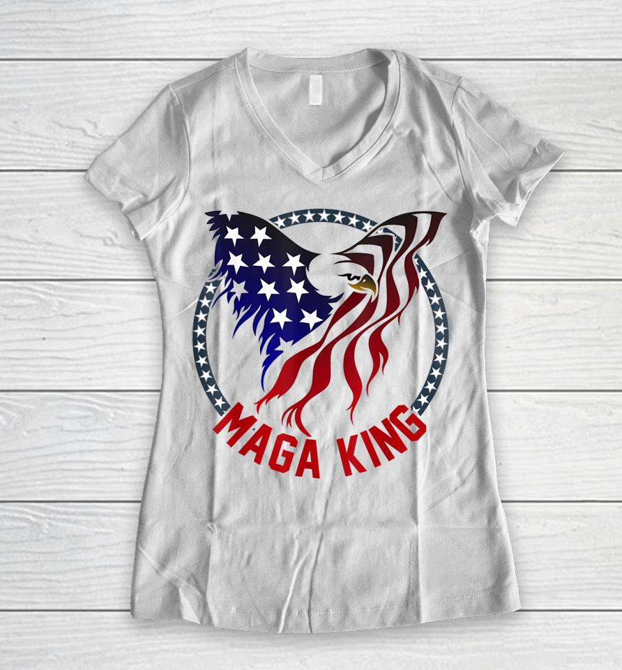 Mega King Eagle Usa Flag Proud Ultra Maga Trump 2024 Women V-Neck T-Shirt