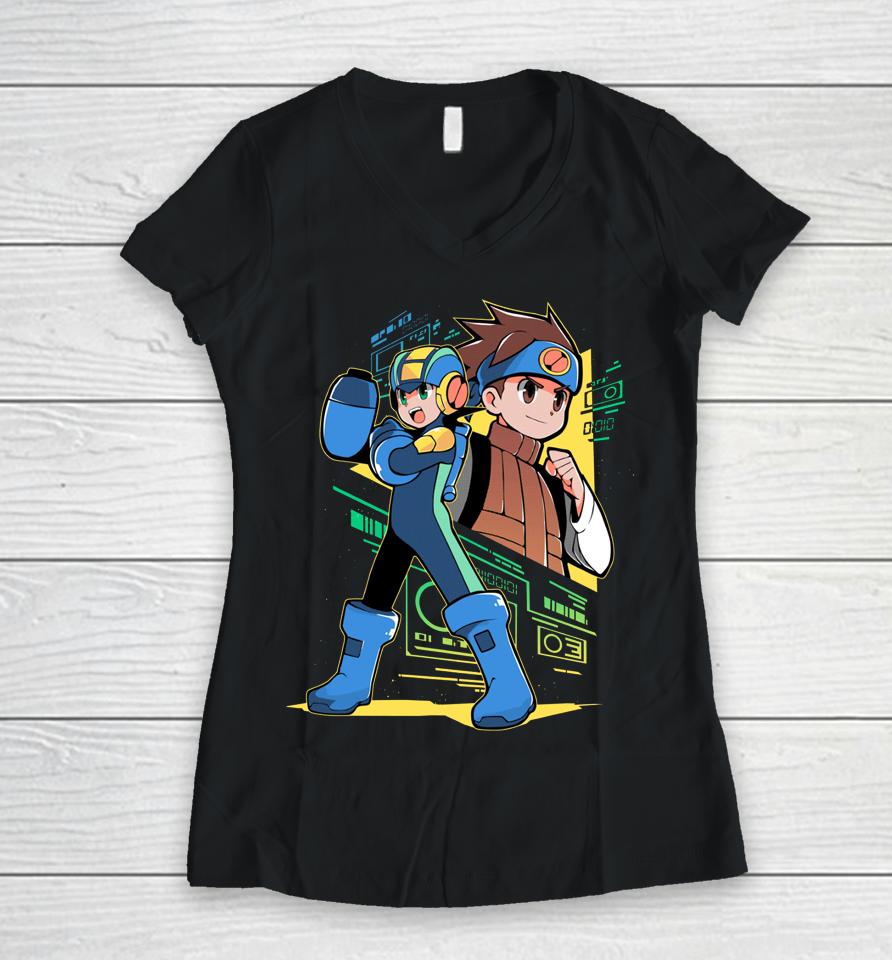 Mega Man And Lan Women V-Neck T-Shirt