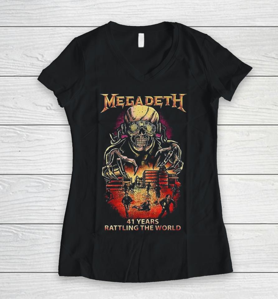 Megadeth 41 Years Rattling The World Black Version Skeleton Women V-Neck T-Shirt
