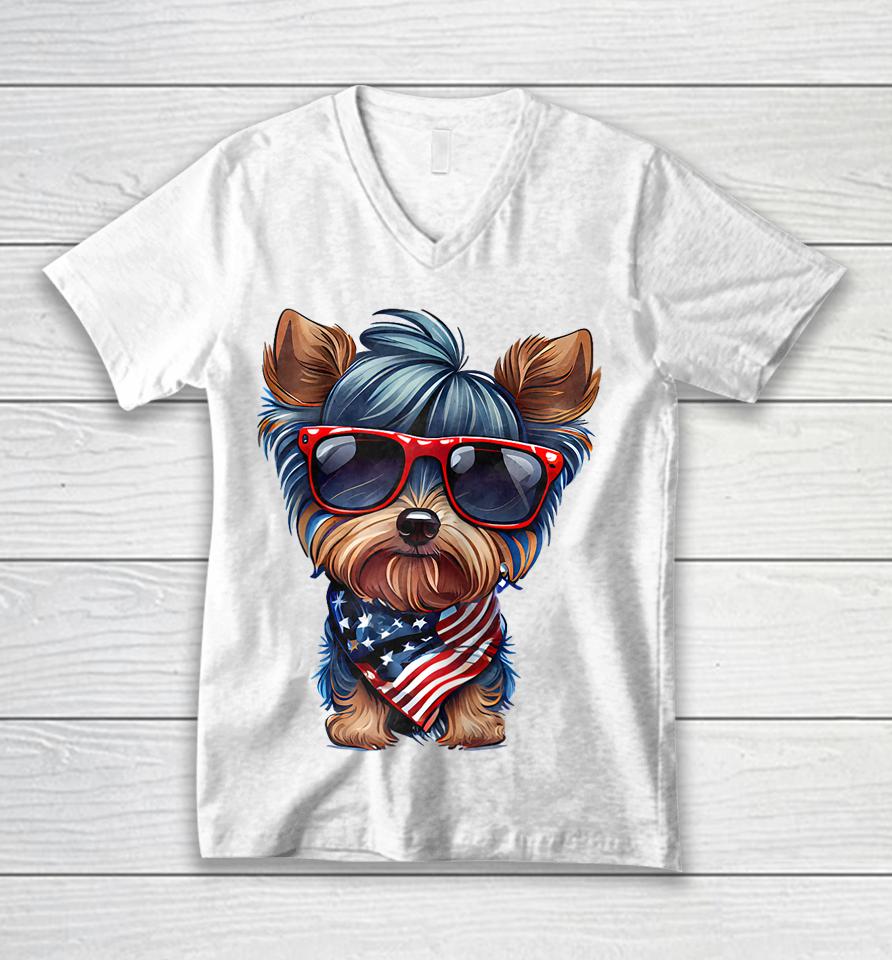 Memorial Day, 4Th Of July Patriotic Usa Flag Dog Unisex V-Neck T-Shirt