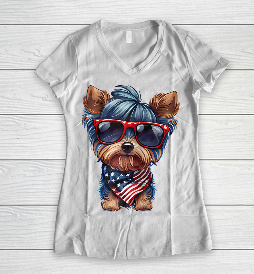Memorial Day, 4Th Of July Patriotic Usa Flag Dog Women V-Neck T-Shirt