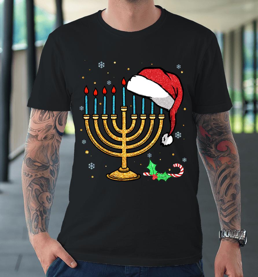 Menorah Santa Hat Chanukah Hanukkah Jewish Christmas Pajama Premium T-Shirt
