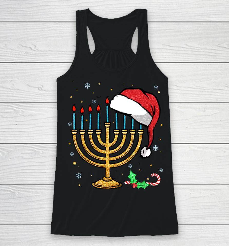 Menorah Santa Hat Chanukah Hanukkah Jewish Christmas Pajama Racerback Tank