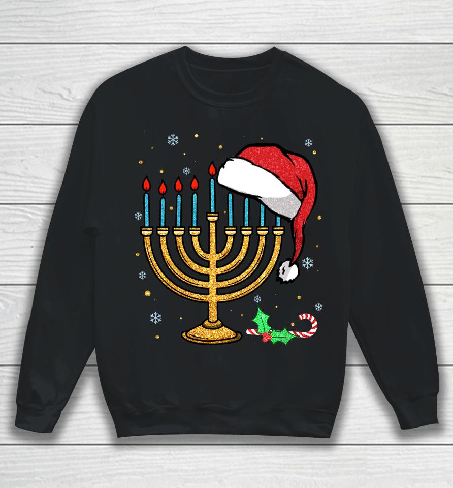 Menorah Santa Hat Chanukah Hanukkah Jewish Christmas Pajama Sweatshirt