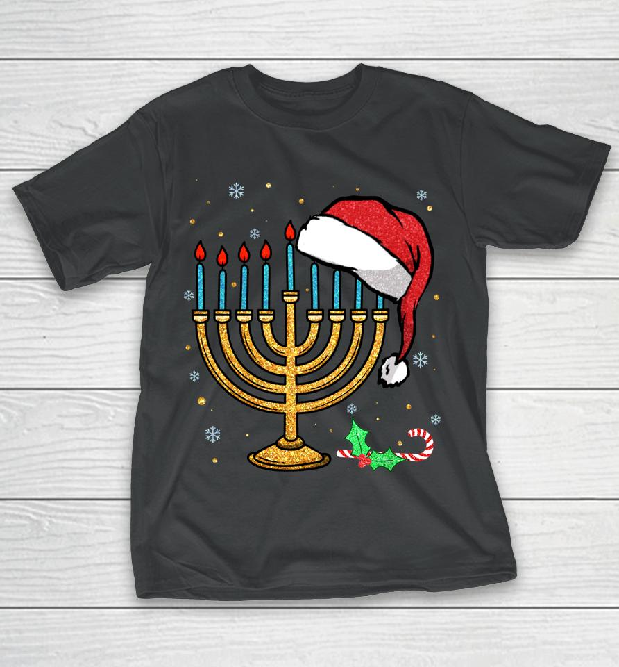 Menorah Santa Hat Chanukah Hanukkah Jewish Christmas Pajama T-Shirt