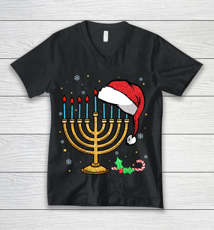 Menorah Santa Hat Chanukah Hanukkah Jewish Christmas Pajama Unisex V-Neck T-Shirt
