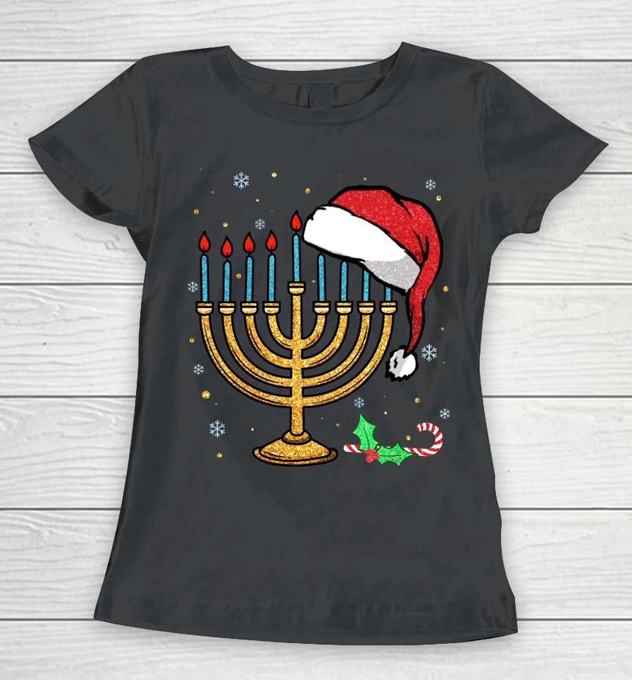 Menorah Santa Hat Chanukah Hanukkah Jewish Christmas Pajama Women T-Shirt