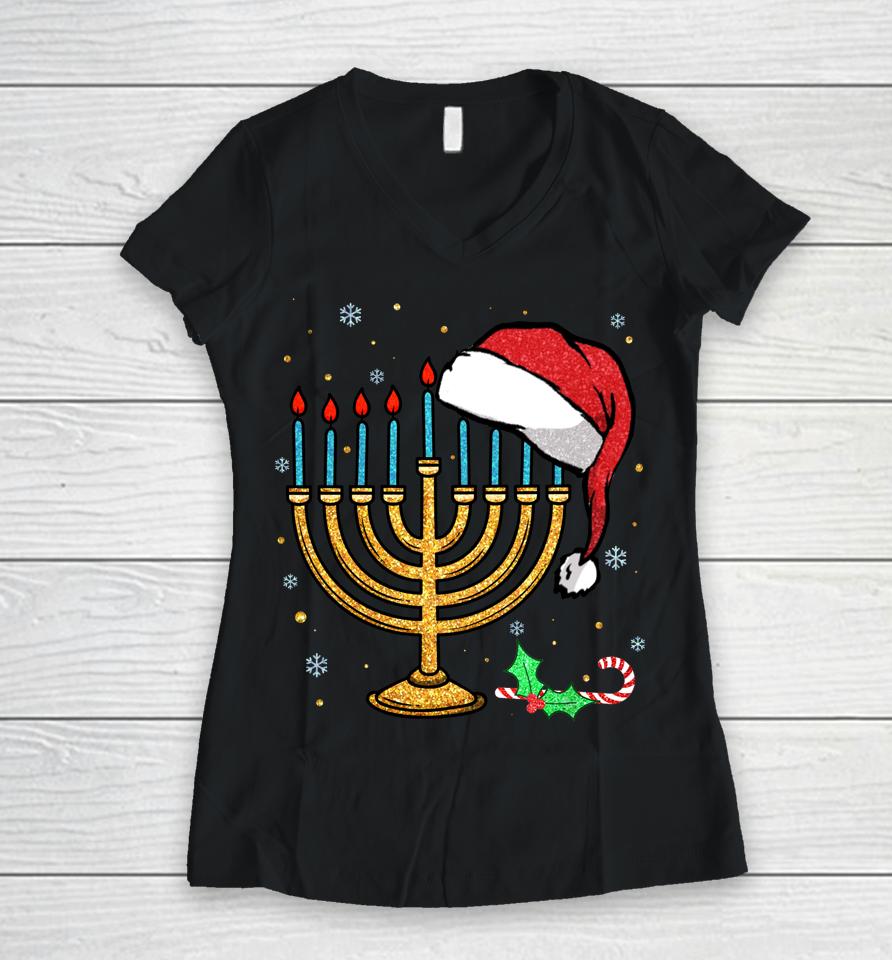Menorah Santa Hat Chanukah Hanukkah Jewish Christmas Pajama Women V-Neck T-Shirt