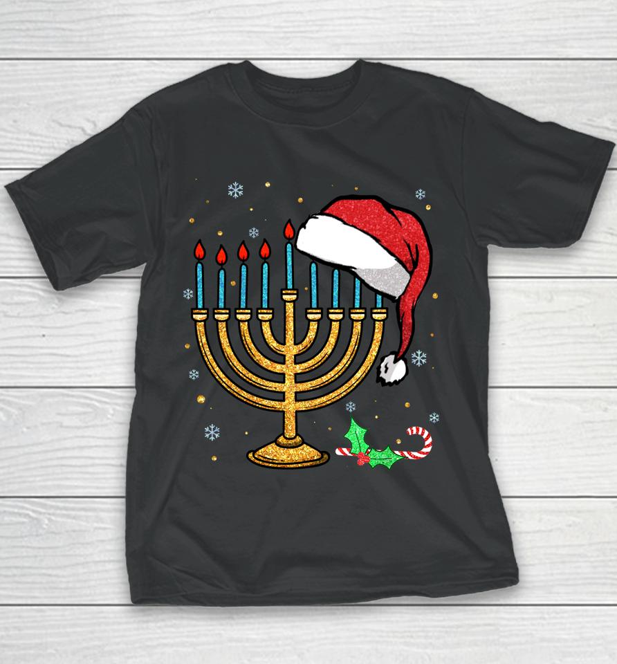 Menorah Santa Hat Chanukah Hanukkah Jewish Christmas Pajama Youth T-Shirt