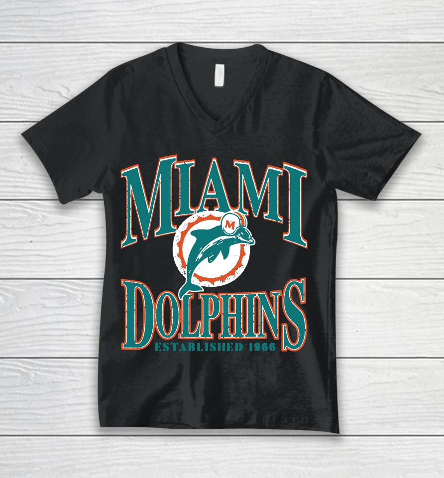 Men's 2022 Miami Dolphins Playability Logo Est 1965 Unisex V-Neck T-Shirt