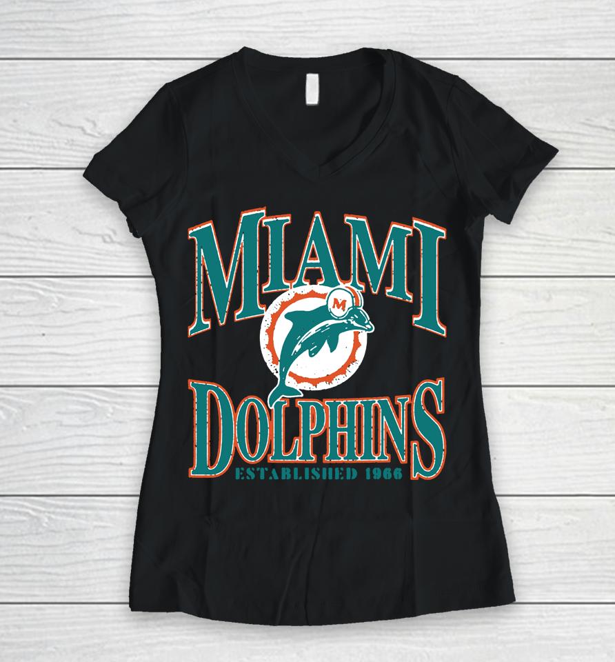Men's 2022 Miami Dolphins Playability Logo Est 1965 Women V-Neck T-Shirt