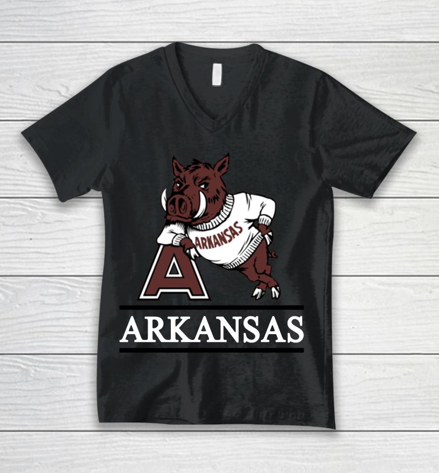 Men's Arkansas Razorbacks Red Fineline Unisex V-Neck T-Shirt