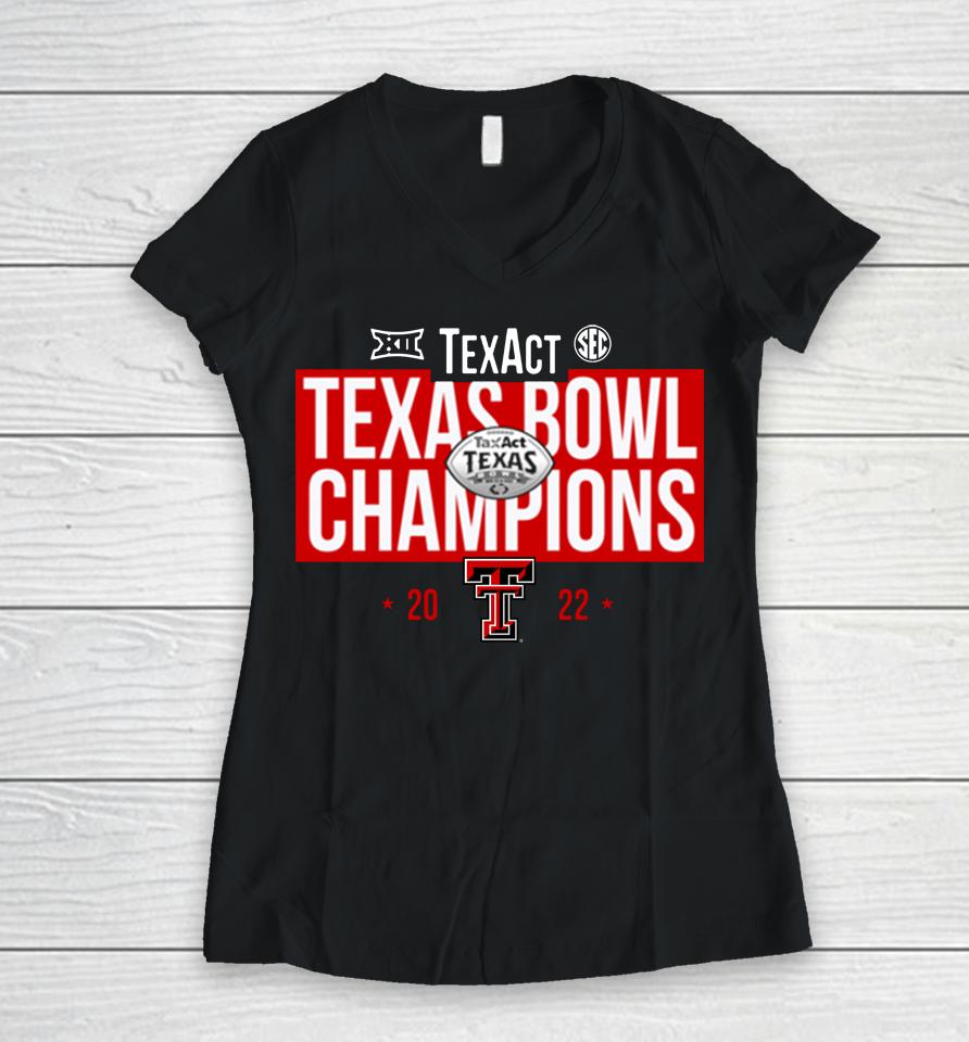 Men's Black Texas Tech Red Raiders 2022 Texas Bowl Champions Women V-Neck T-Shirt