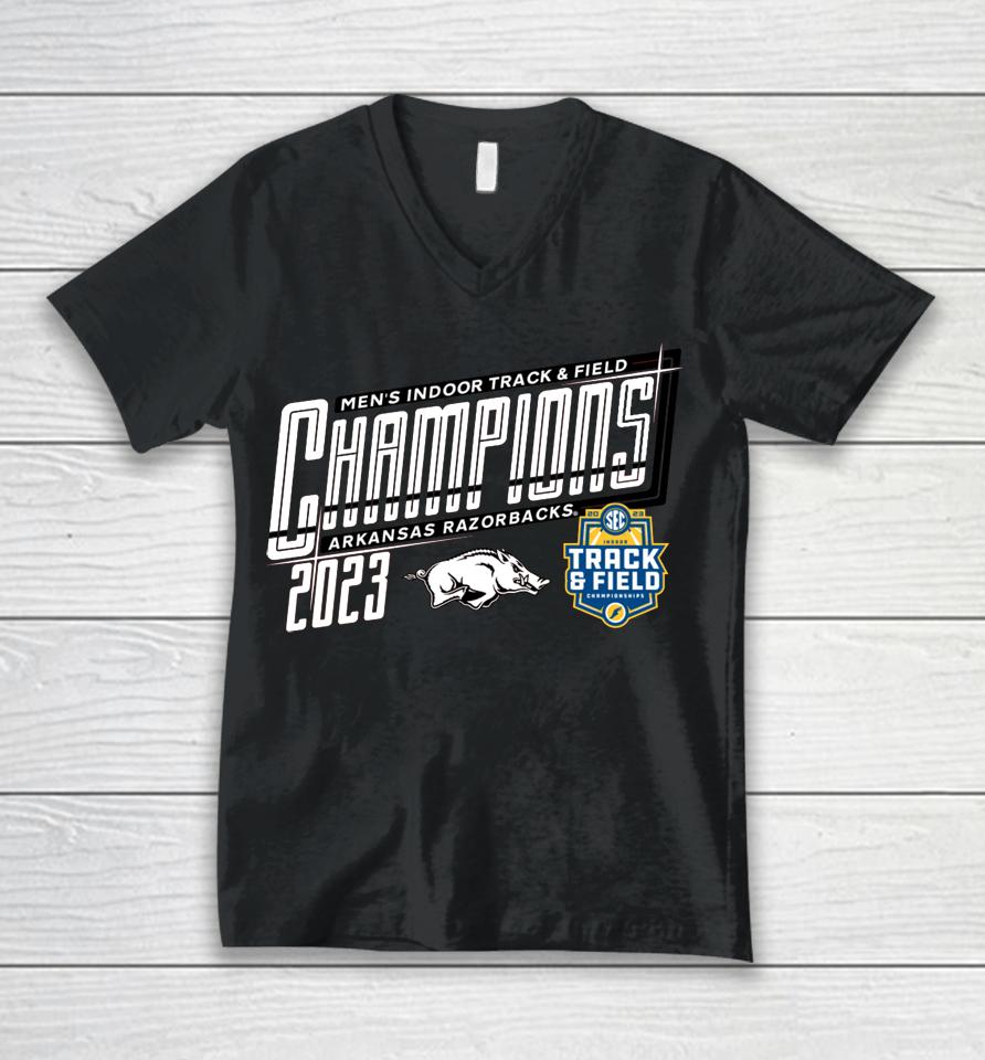 Men's Blue 84 Cardinal Arkansas Razorbacks 2023 Sec Men's Indoor Track &Amp; Field Champions Locker Room Unisex V-Neck T-Shirt