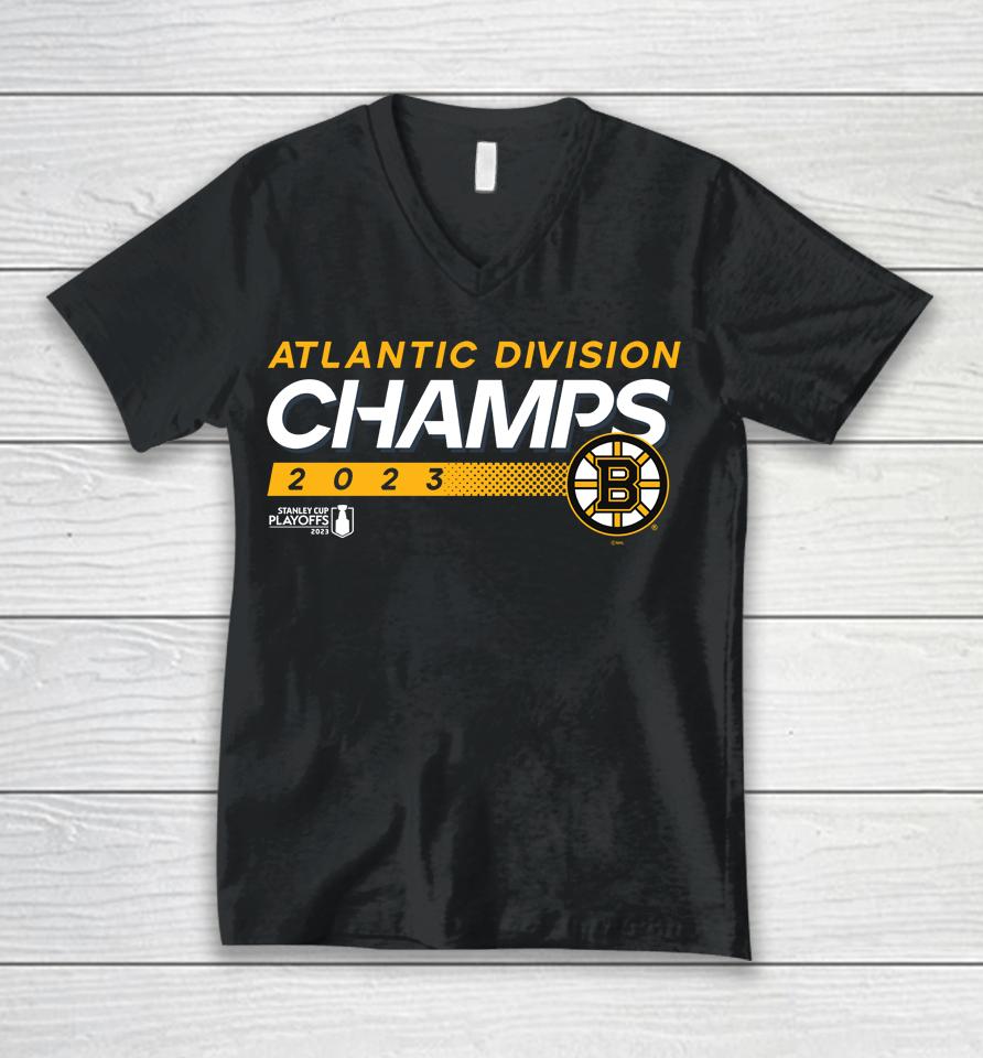Men's Boston Bruins Fanatics Branded Black 2023 Atlantic Division Champions Unisex V-Neck T-Shirt