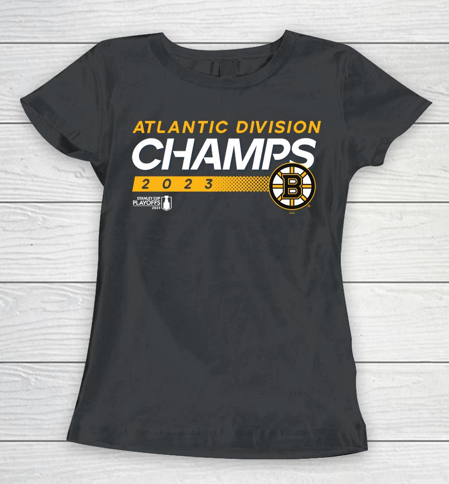 Men's Boston Bruins Fanatics Branded Black 2023 Atlantic Division Champions Women T-Shirt
