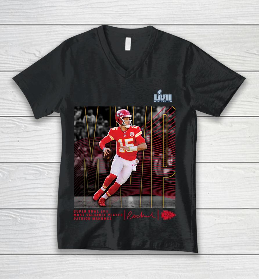 Men's Fanatics Branded Patrick Mahomes  Kansas City Chiefs Super Bowl Lvii Mvp Crucial Unisex V-Neck T-Shirt