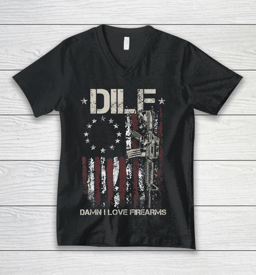 Mens Gun American Flag Dilf - Damn I Love Firearms Unisex V-Neck T-Shirt