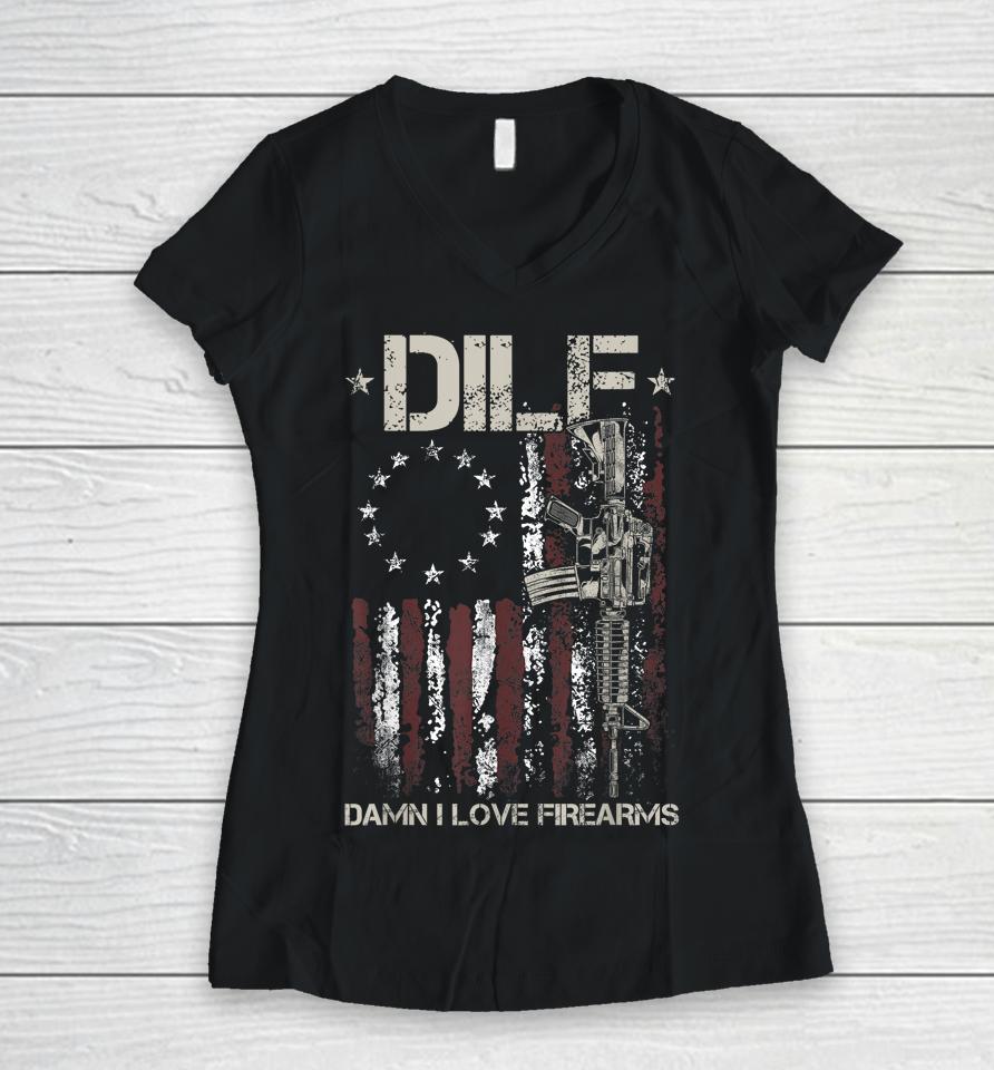 Mens Gun American Flag Dilf - Damn I Love Firearms Women V-Neck T-Shirt