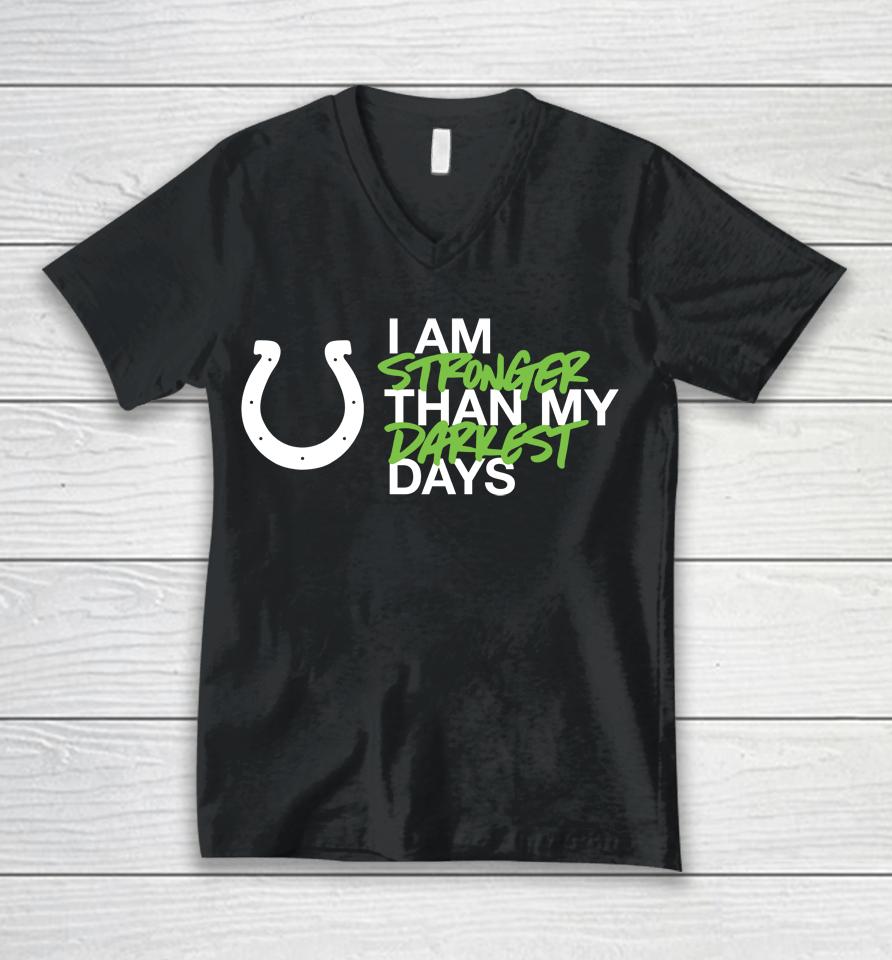 Men's I Am Stronger Indianapolis Colts 47 Black Kicking The Stigma Unisex V-Neck T-Shirt