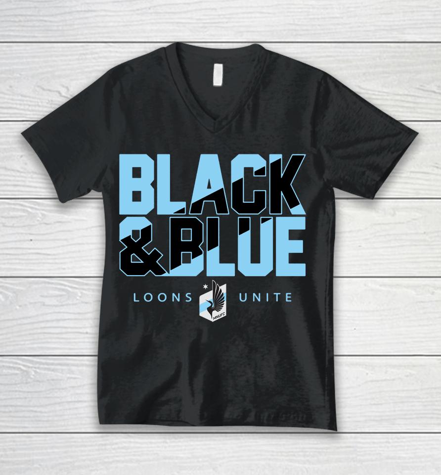 Men's Minnesota United Fc Black And Blue Fanatics Branded Loons Unite Black Team Chant Unisex V-Neck T-Shirt
