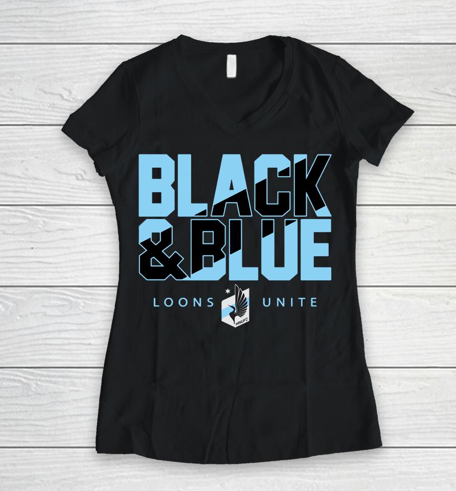 Men's Minnesota United Fc Black And Blue Fanatics Branded Loons Unite Black Team Chant Women V-Neck T-Shirt