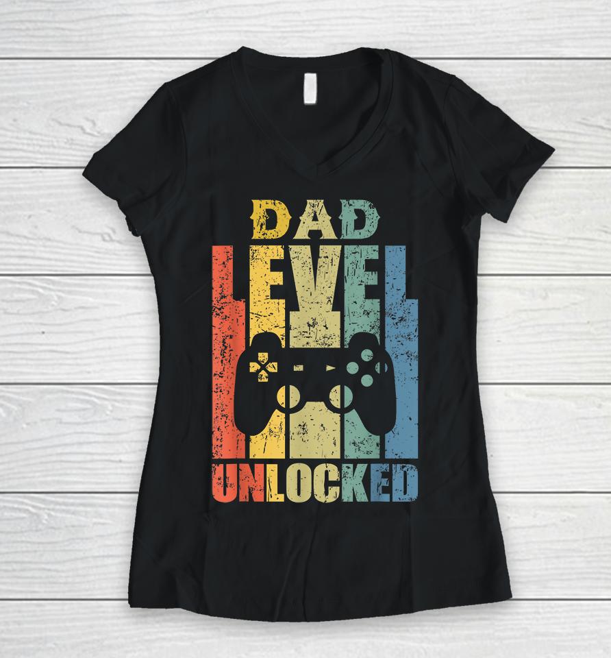 Mens Pregnancy Announcement Dad Level Unlocked Soon To Be Father Women V-Neck T-Shirt