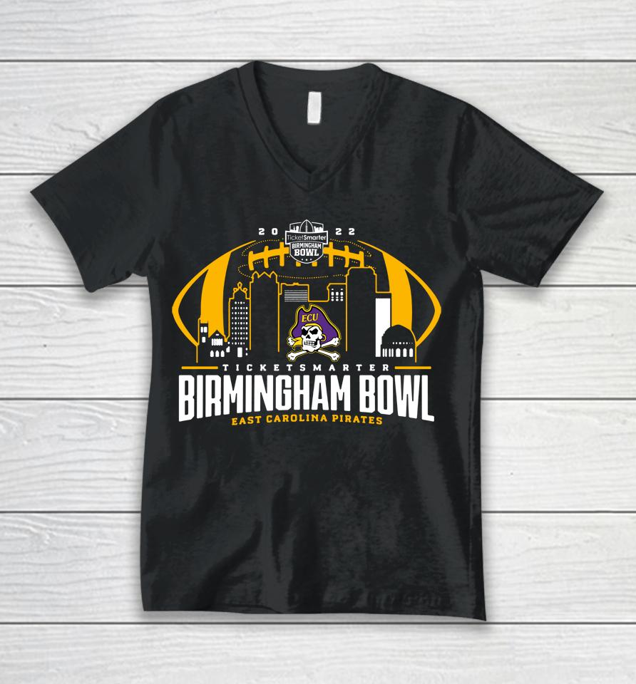 Men's Purple Birmingham Bowl 2022 East Carolina Pirates Playoff Unisex V-Neck T-Shirt