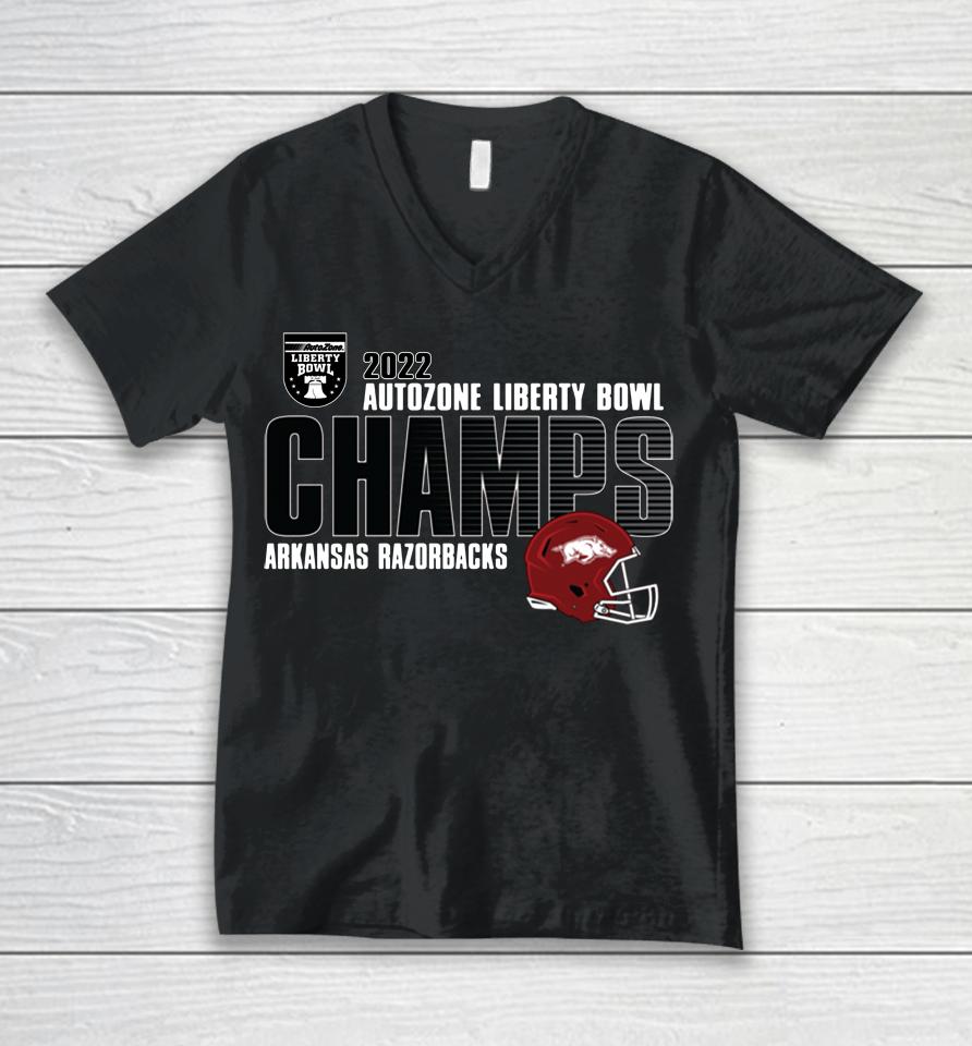 Men's Red Liberty Bowl Arkansas Razorbacks 2022 Champions Slip Screen Unisex V-Neck T-Shirt