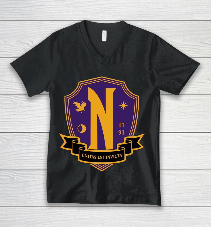 Men's Wednesday Nevermore Academy Crest Unisex V-Neck T-Shirt