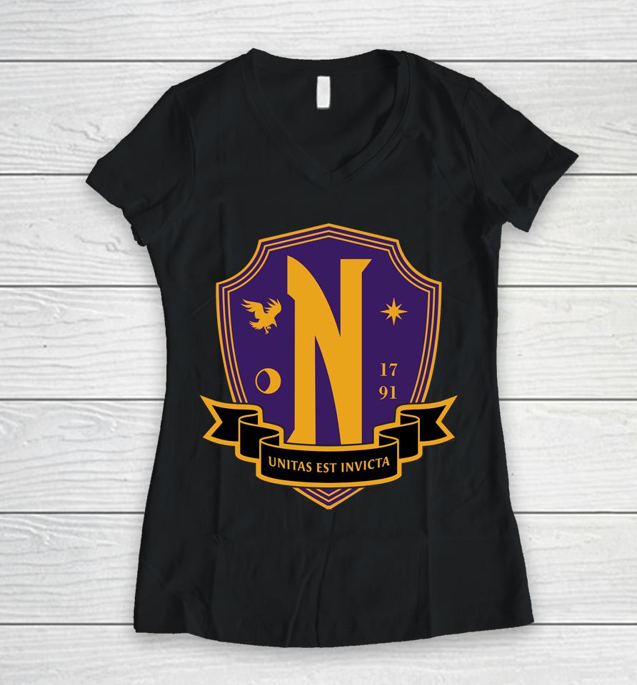 Men's Wednesday Nevermore Academy Crest Women V-Neck T-Shirt